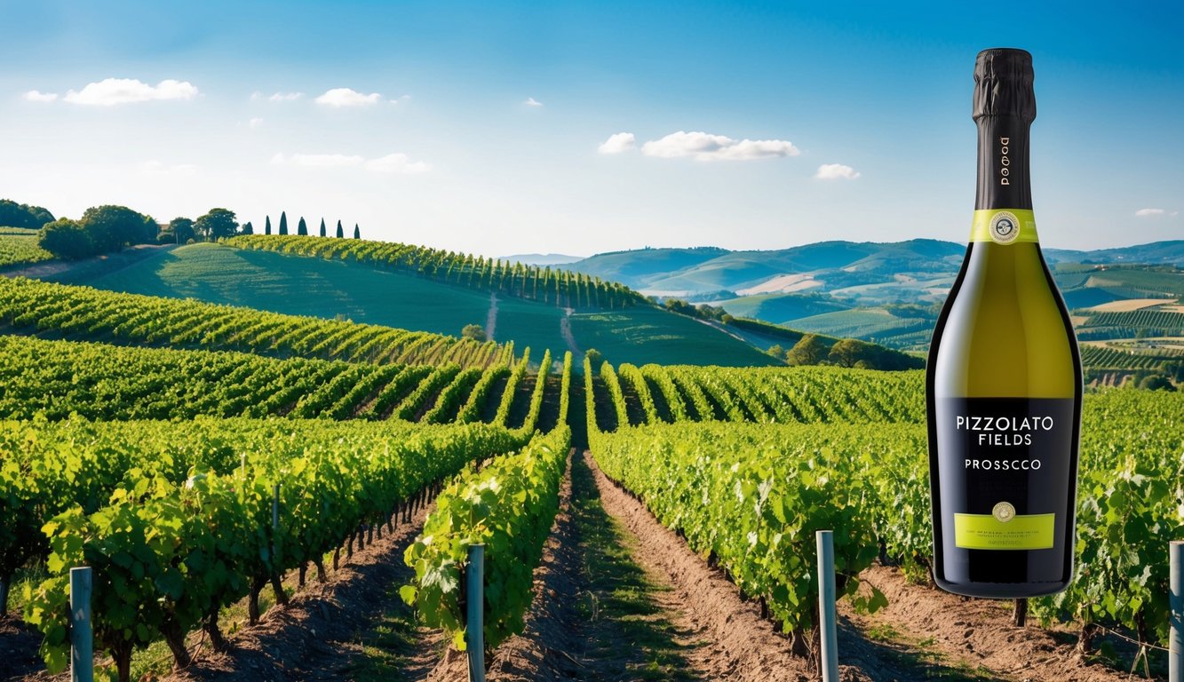 A lush vineyard with rolling hills, rows of grapevines, and a clear blue sky, with a bottle of Pizzolato Fields Prosecco prominently displayed