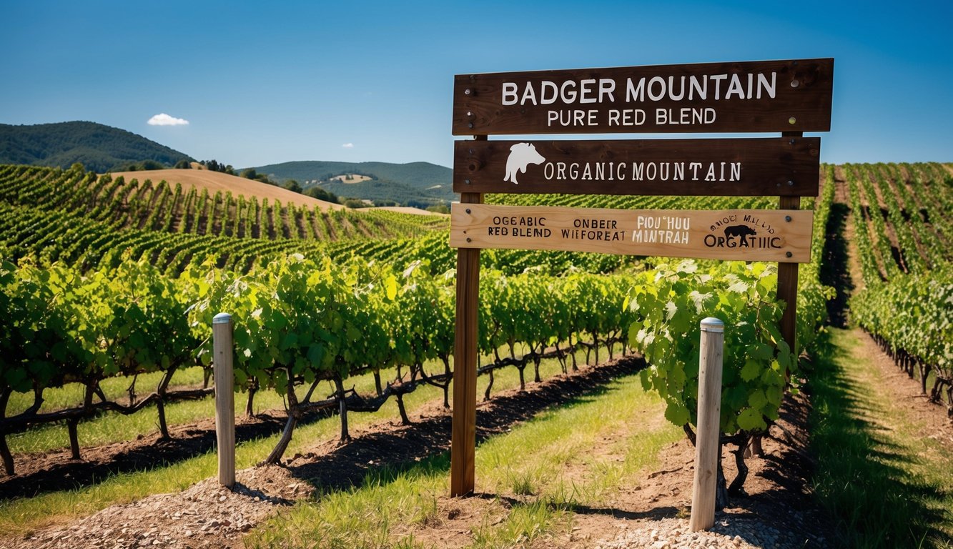 A rustic vineyard with rolling hills, lush grapevines, and a clear blue sky. A wooden sign proudly displays "Badger Mountain Pure Red Blend" among other organic wine brands