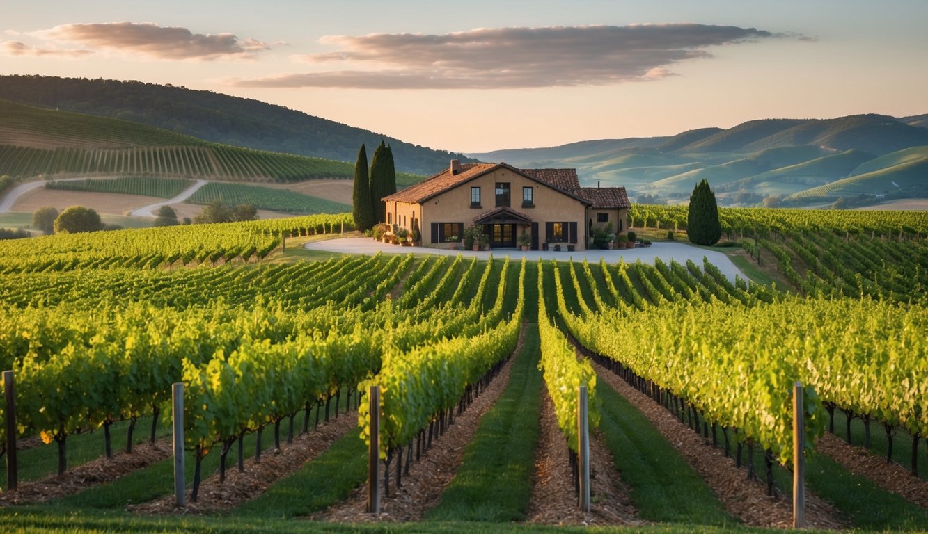 A picturesque vineyard with rolling hills, lush green vines, and a rustic winery building nestled in the countryside