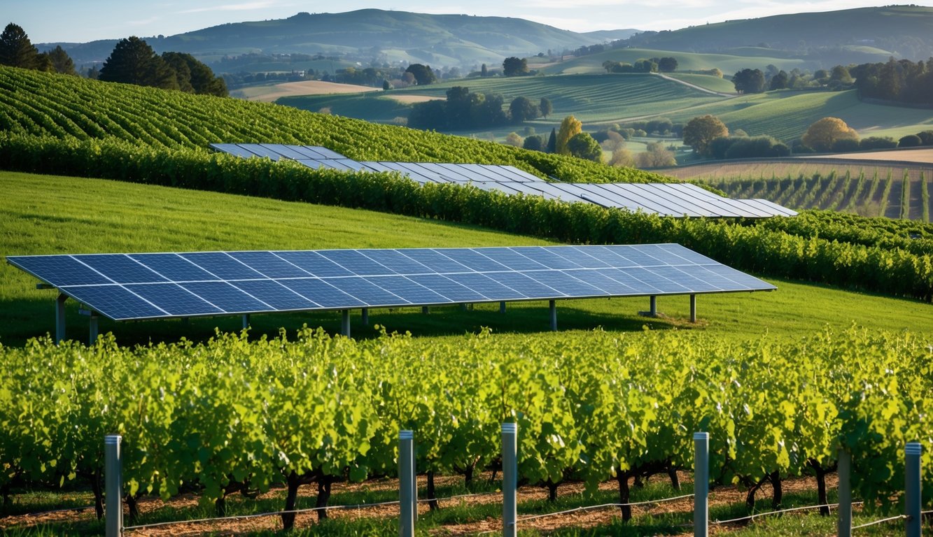 Lush vineyard with rolling hills, solar panels, and water conservation systems. Bucolic setting with modern eco-friendly infrastructure