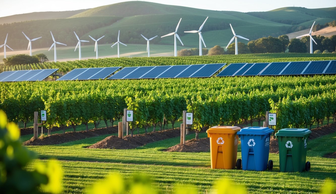 Lush vineyards surrounded by rolling hills, solar panels, and wind turbines. Recycle bins and compost piles are strategically placed throughout the property