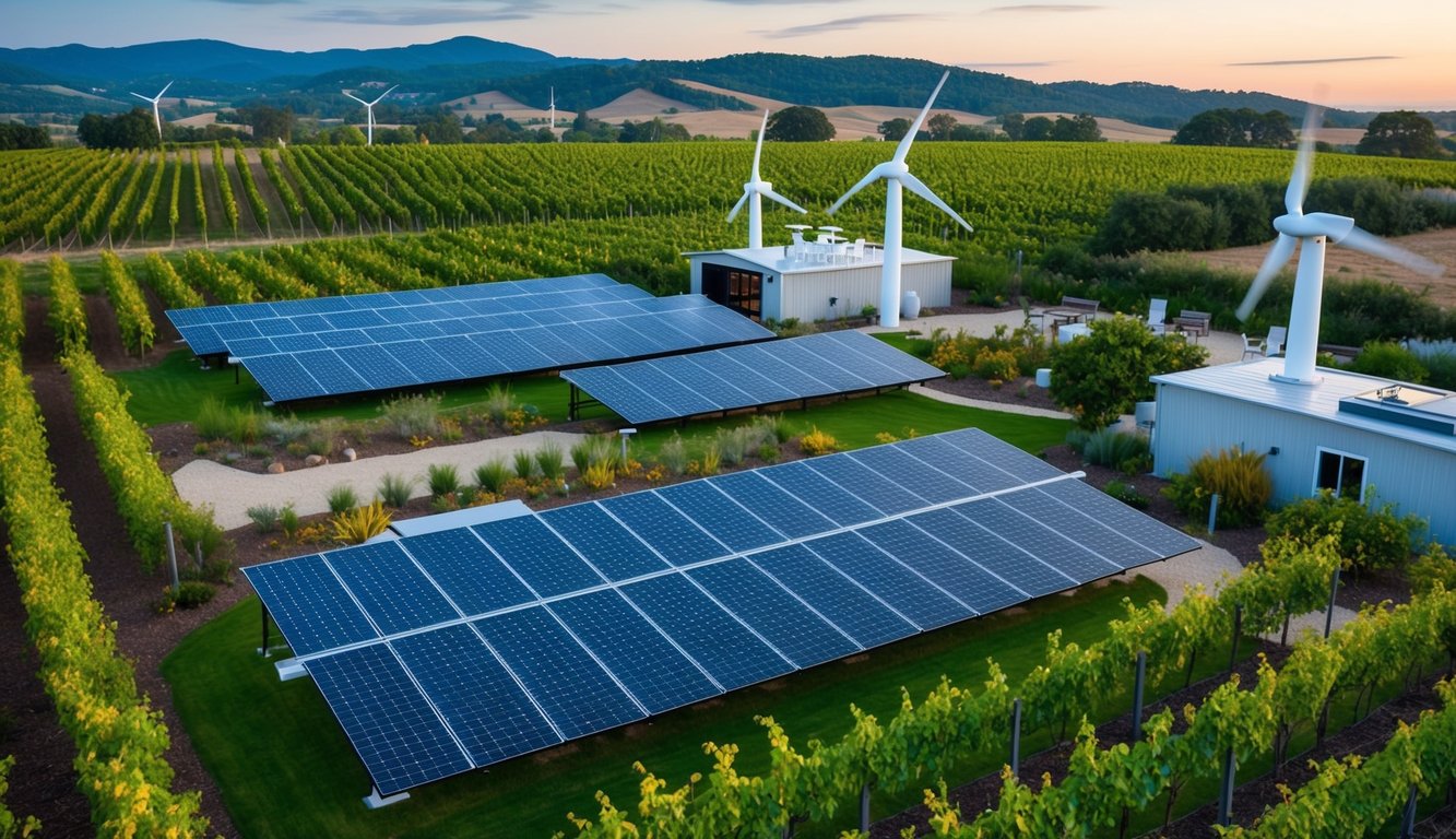 Lush vineyards with solar panels, wind turbines, and water conservation systems. Recycled materials used in winery buildings. Biodiverse landscapes with native plants