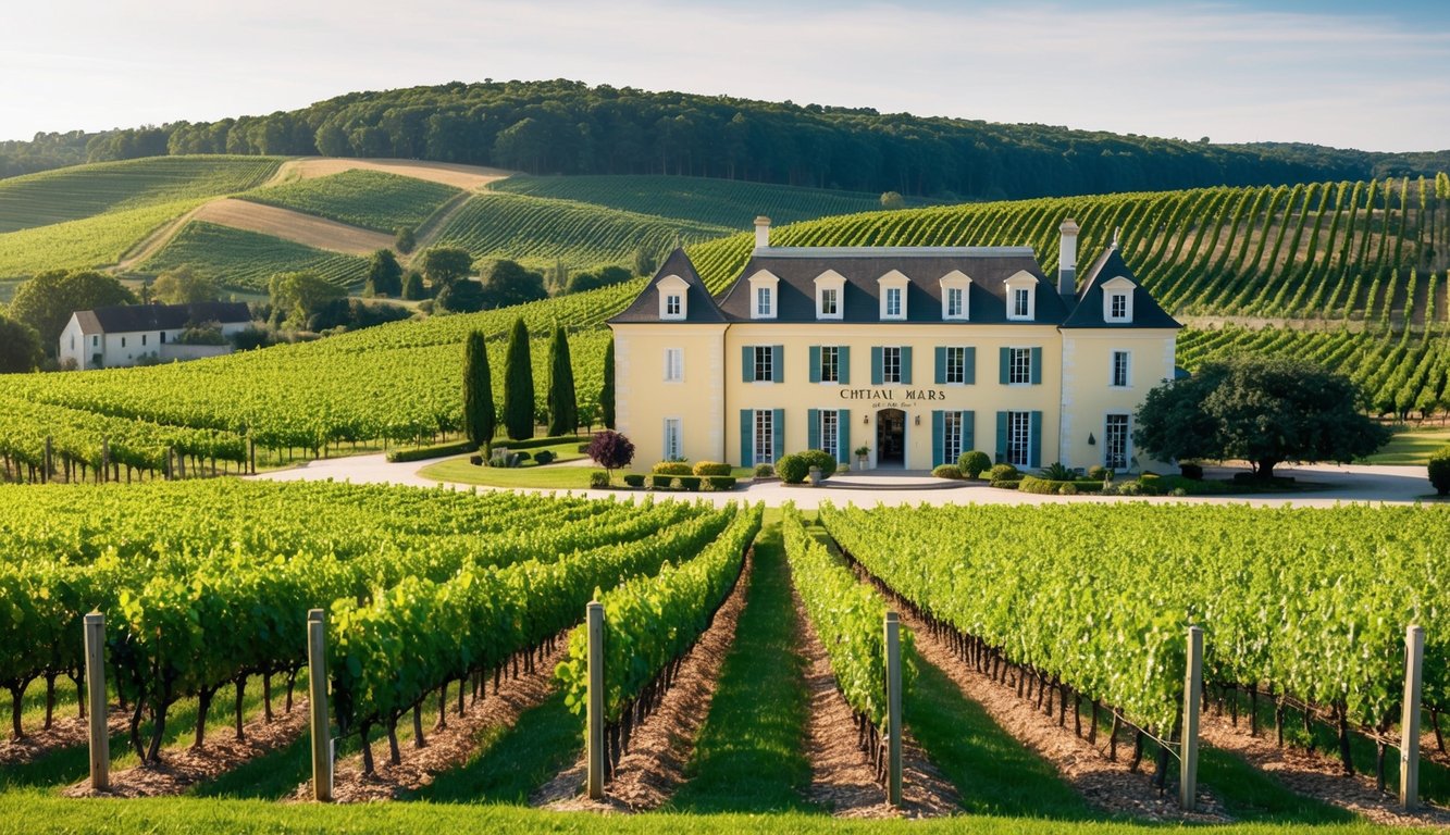 A picturesque vineyard at Chateau Maris, with rolling hills, lush green vines, and a charming winery building. The scene exudes tranquility and eco-consciousness