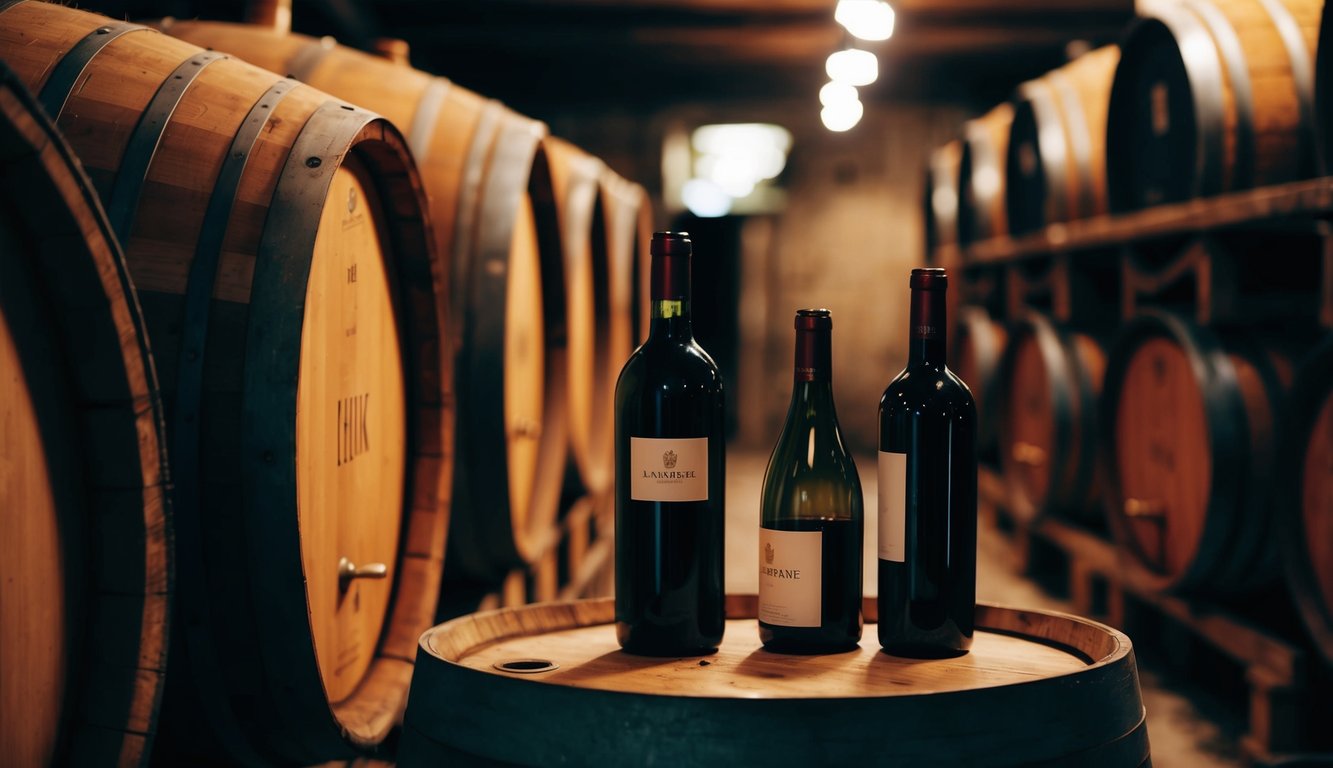 Wine barrels and bottles aging in a dimly lit cellar