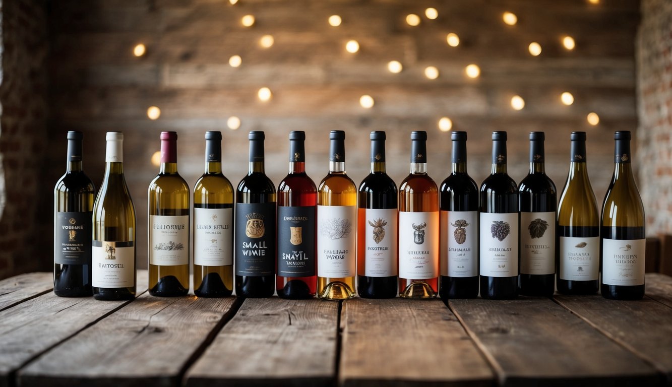 A rustic wooden table set with 10 unique bottles of small batch wine, each with distinct labels and filled with rich, deep hues of red and white