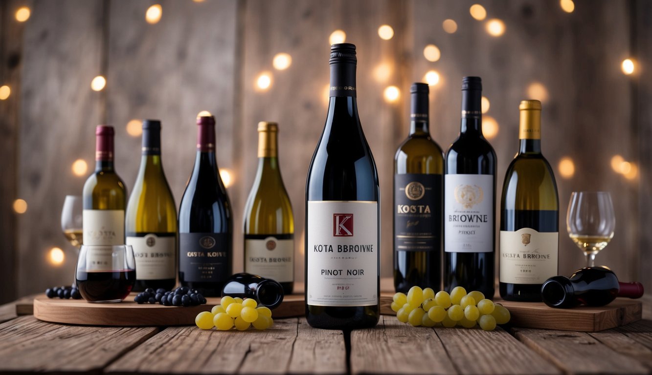 A rustic wooden table with a bottle of Kosta Browne Pinot Noir surrounded by various wine accessories and a selection of small batch wines