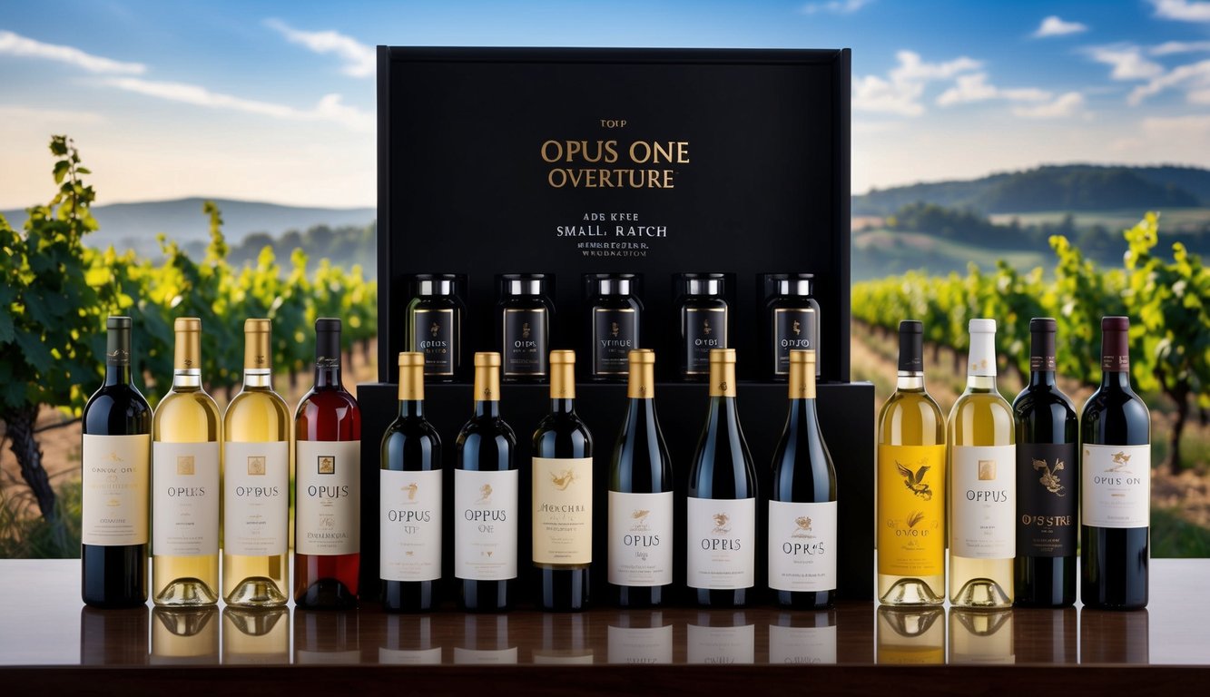 A grand display of Opus One Overture and other top small batch wines, set against a backdrop of elegant wine bottles and lush vineyards