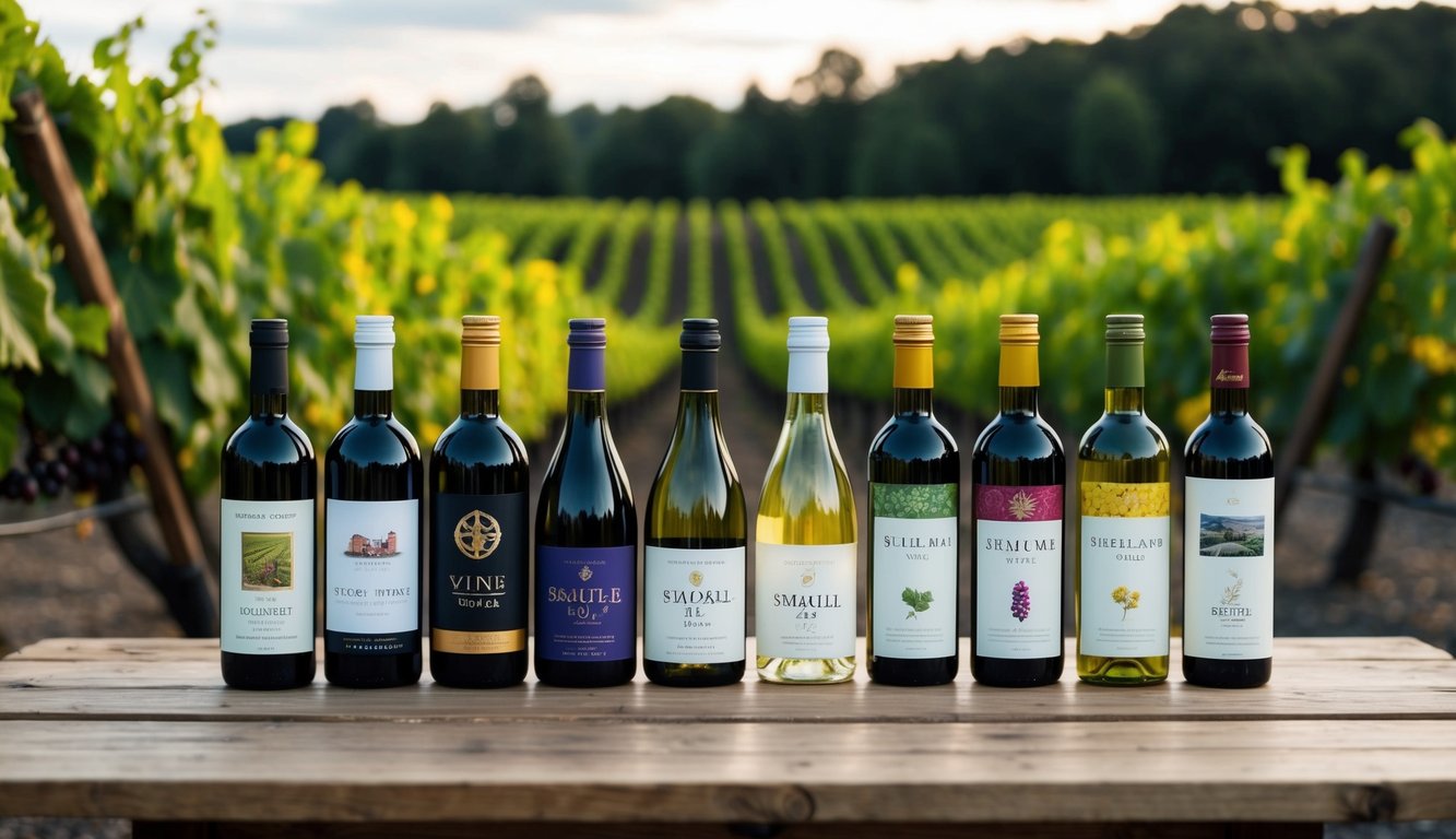 A rustic wooden table adorned with 10 unique bottles of small batch wine, each with distinct labels and colors, set against a backdrop of lush vineyards