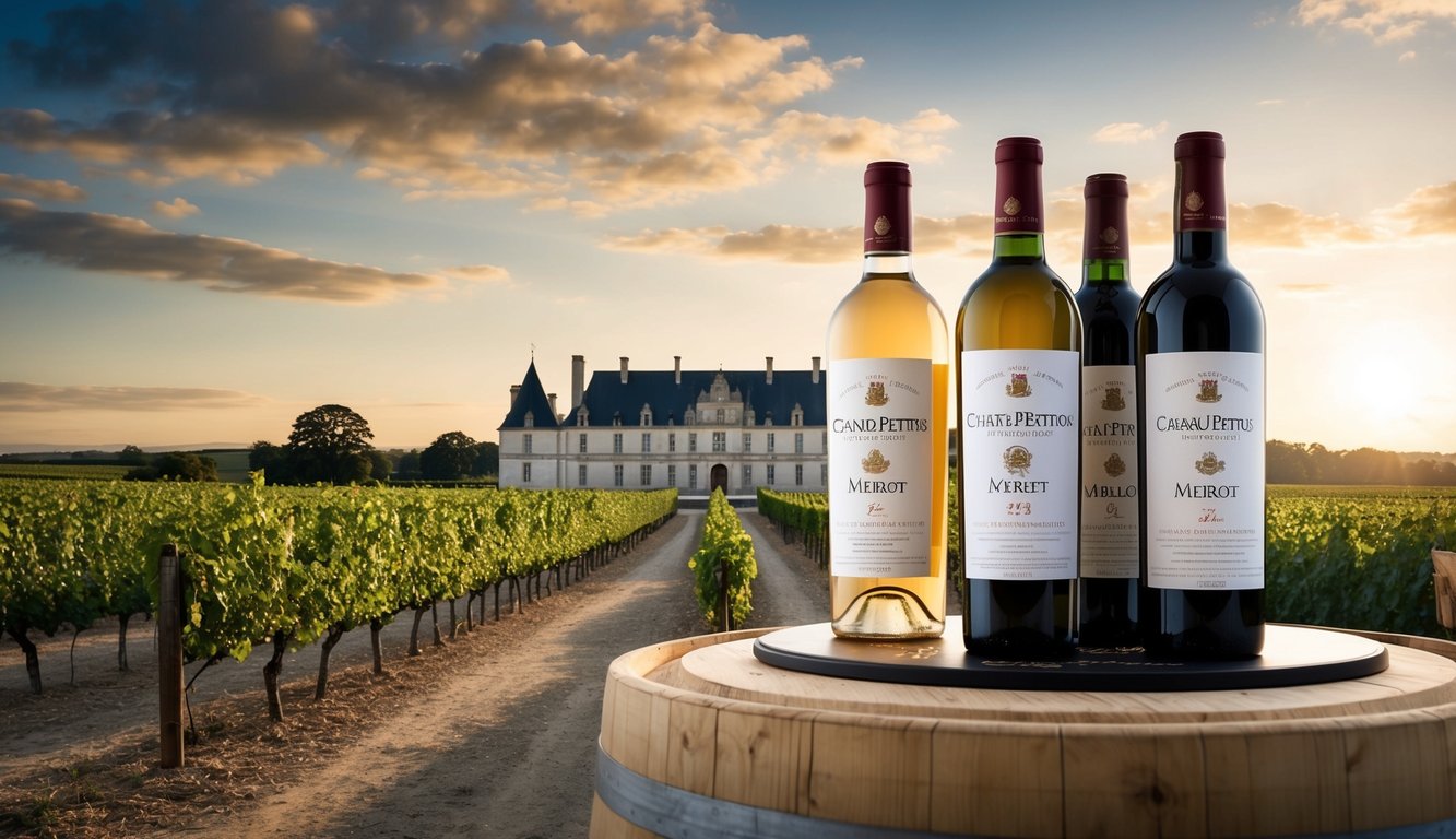 A grand chateau with vineyards and a bottle of Chateau Petrus Merlot displayed among other top small batch wines