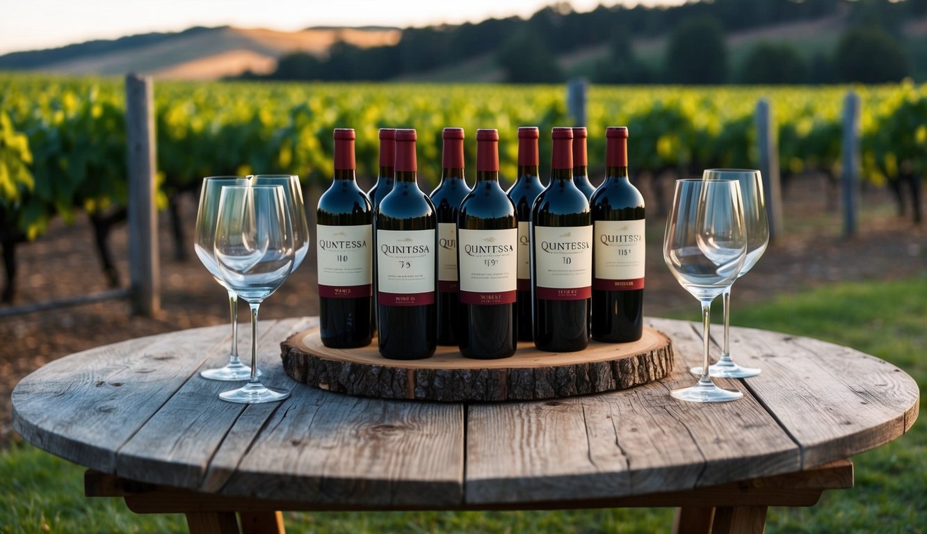 A rustic wooden table adorned with 10 bottles of Quintessa Rutherford Red Top small batch wines, surrounded by vineyard landscapes and wine glasses