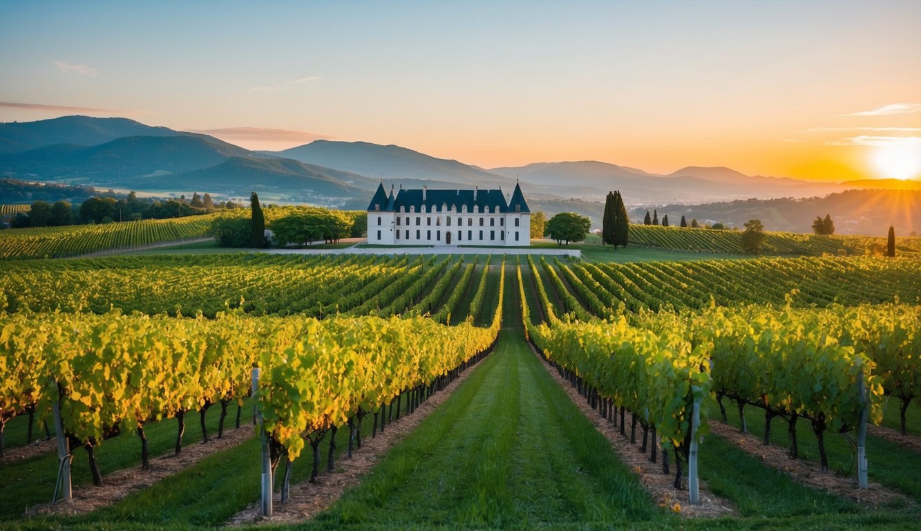 A lush vineyard with rolling hills, rows of grapevines, and a grand chateau in the distance. The sun sets behind the mountains, casting a warm glow over the picturesque scene