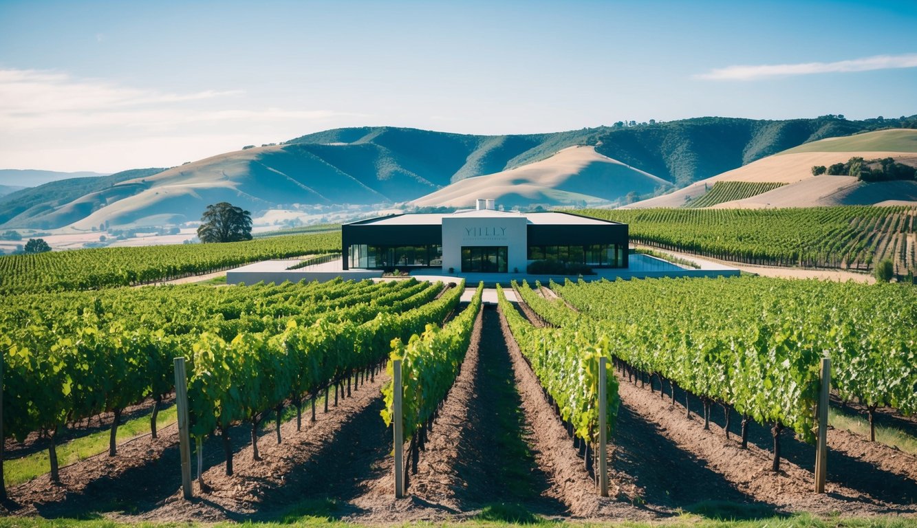 A picturesque vineyard in Napa Valley with rows of grapevines leading to a modern winery building, surrounded by rolling hills and a clear blue sky