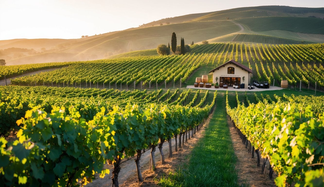 A rustic vineyard nestled among rolling hills, with rows of lush grapevines basking in the warm sunlight. A small, quaint winery sits in the distance, surrounded by barrels and bottles of fine wine