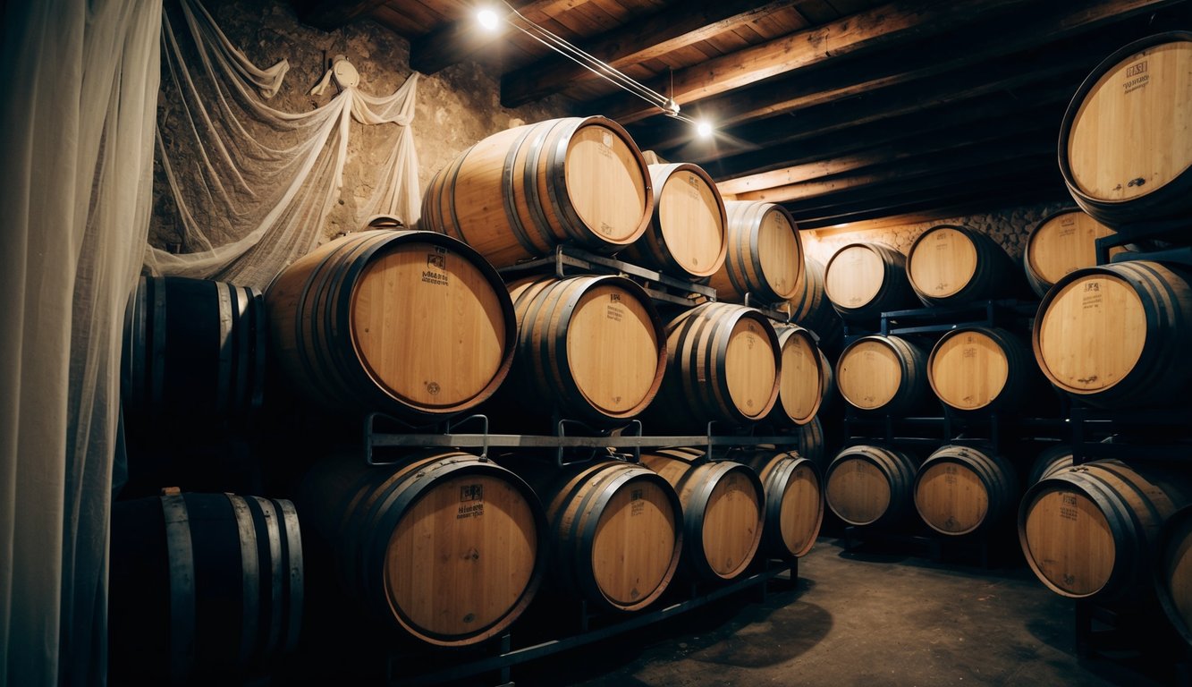 Barrels stacked in dimly lit cellar, cobweb-covered walls, and the soft glow of aging wine