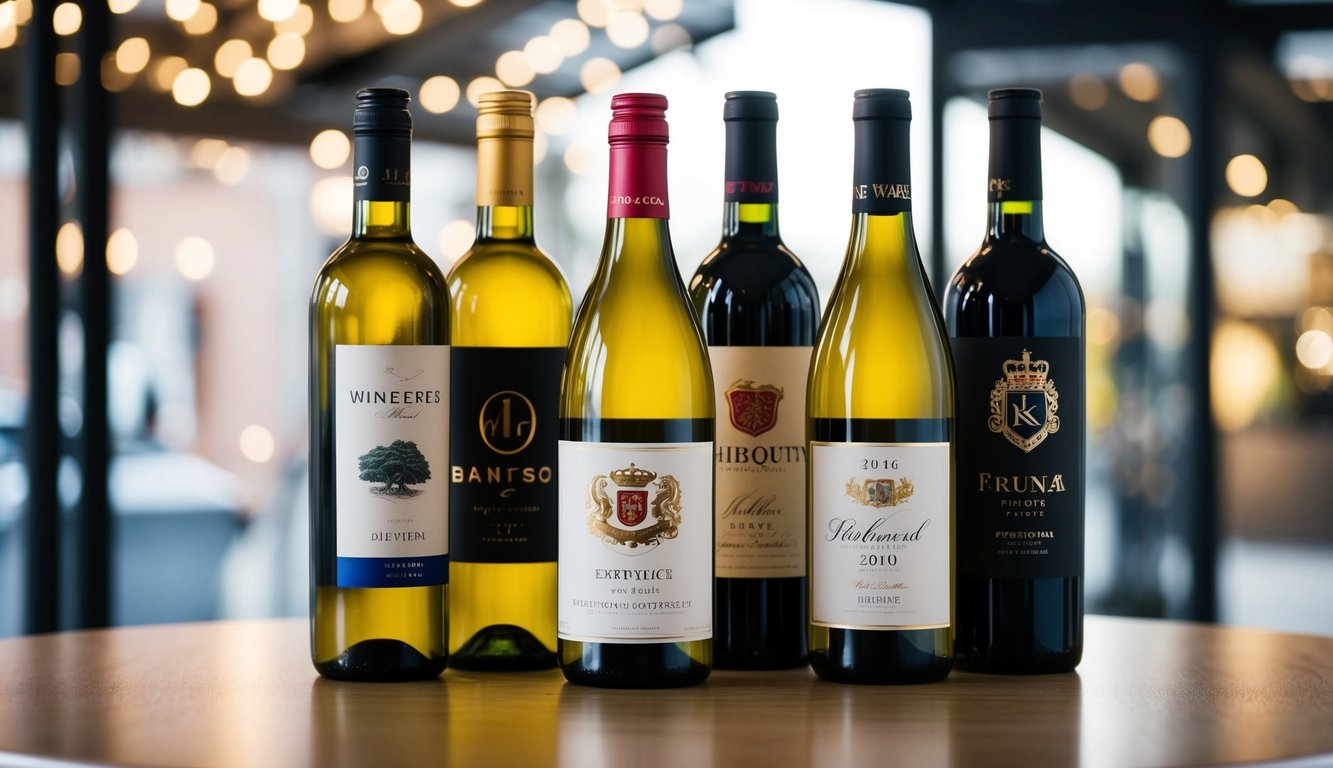 A table with five distinct wine bottles arranged in a row, each with unique branding and colorful labels