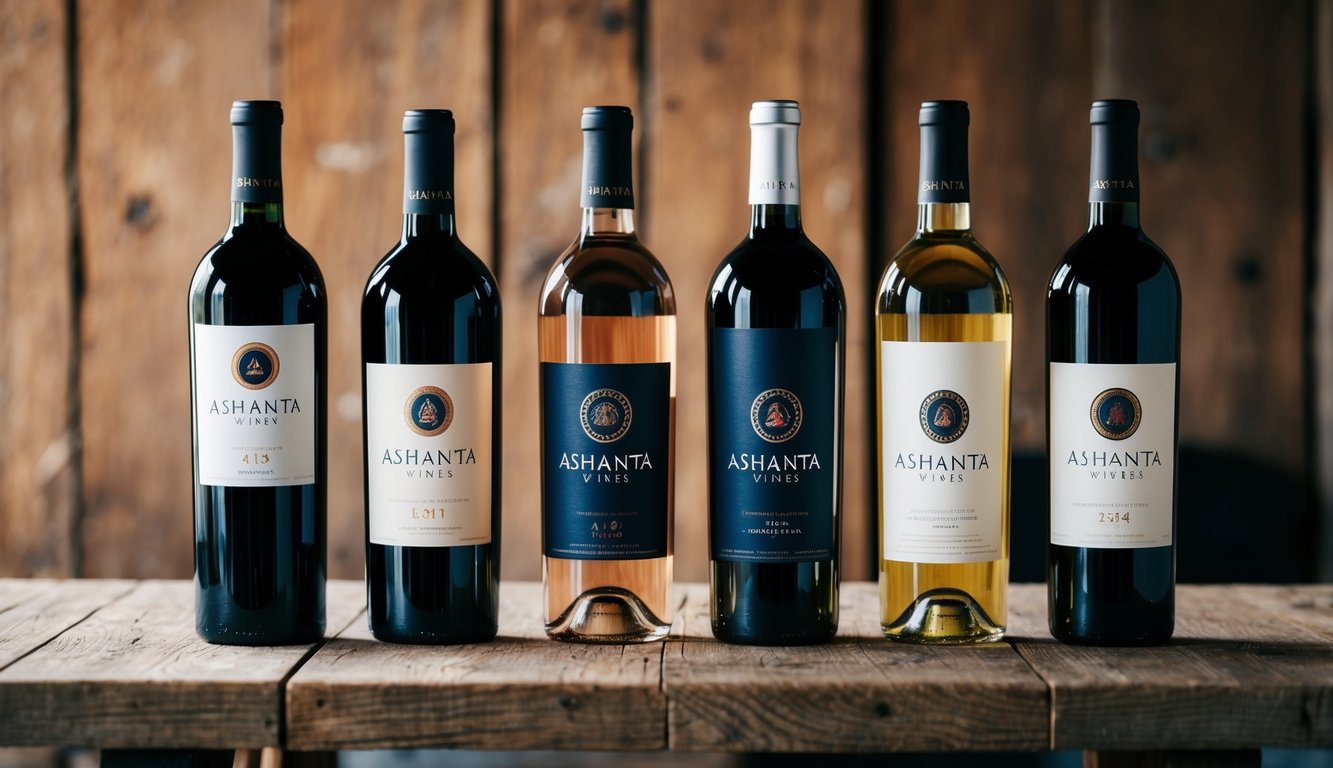 A collection of five distinct wine bottles arranged on a rustic wooden table, each labeled with the logo of Ashanta Wines