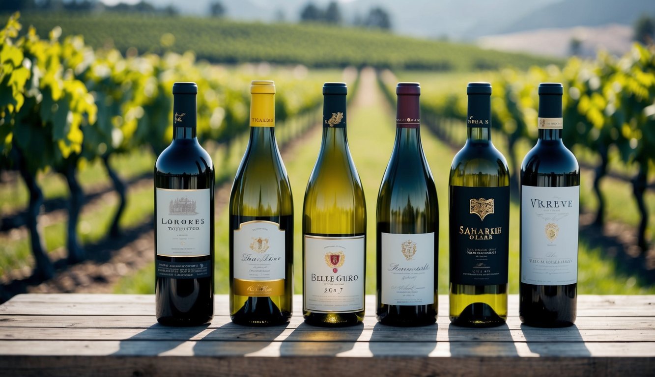 A row of five distinct wine bottles arranged on a rustic wooden table, each with unique labels and colors, surrounded by vineyard scenery