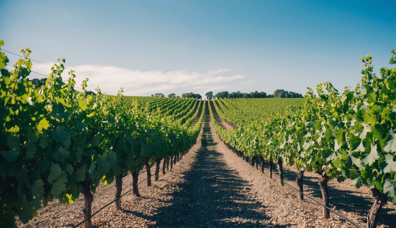 A picturesque vineyard with rows of lush grapevines under a clear blue sky, showcasing the beauty of the Rivella Wine Company's upcoming wine brands