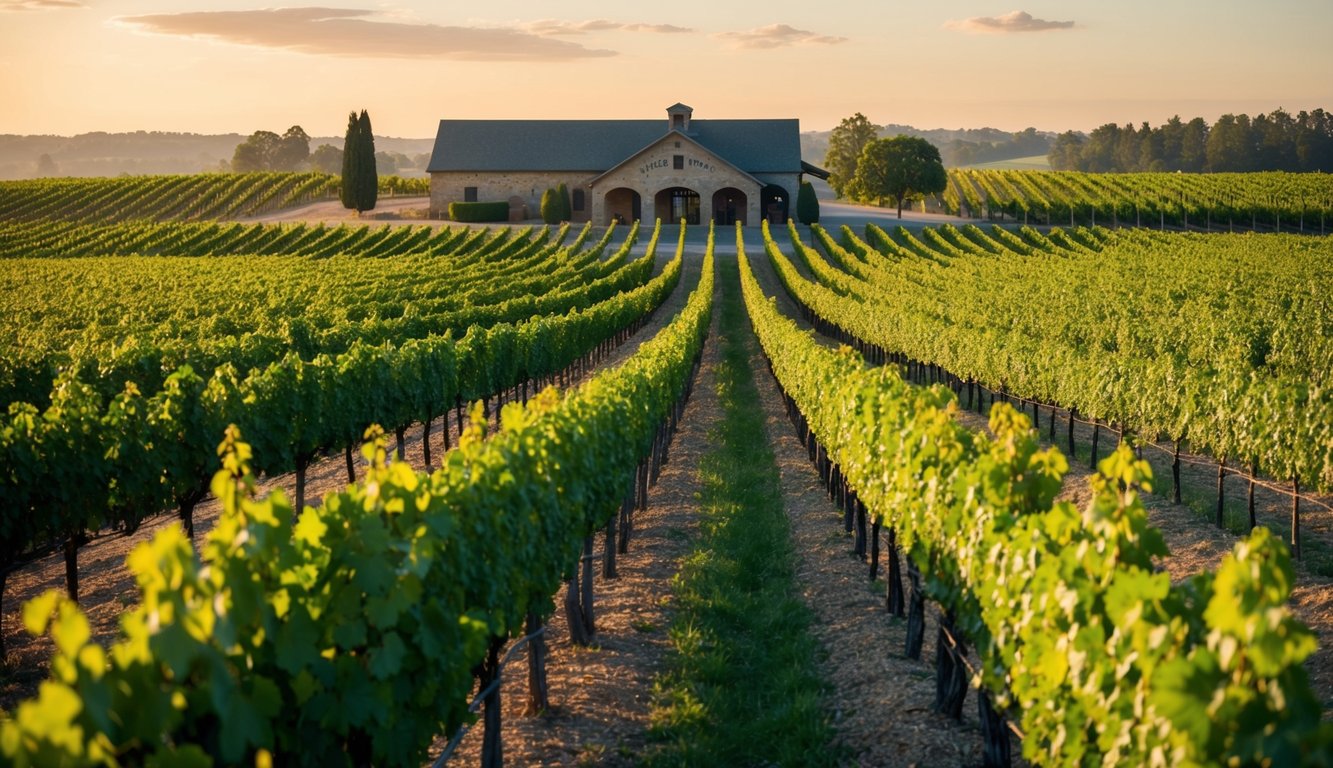 A picturesque vineyard with rows of grapevines stretching into the distance, a rustic winery building in the background