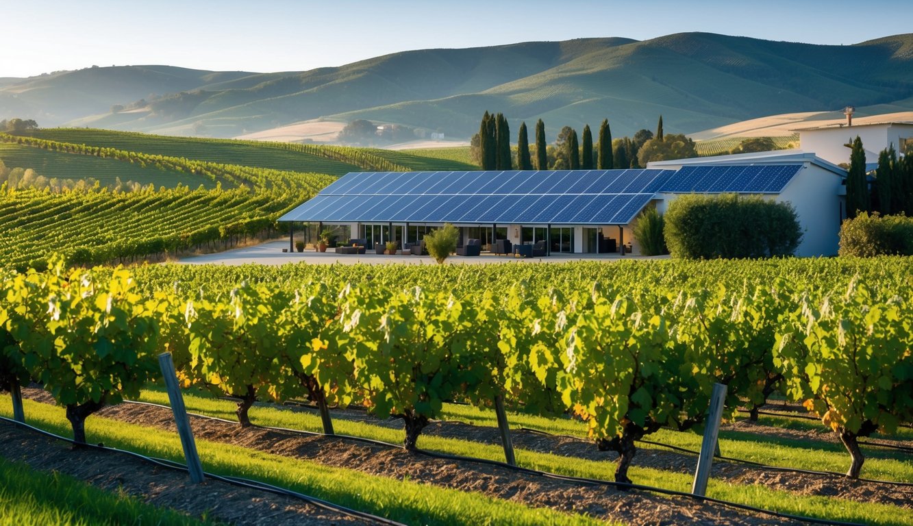 A vineyard with rolling hills, grapevines, and a winery with solar panels and water-saving technology