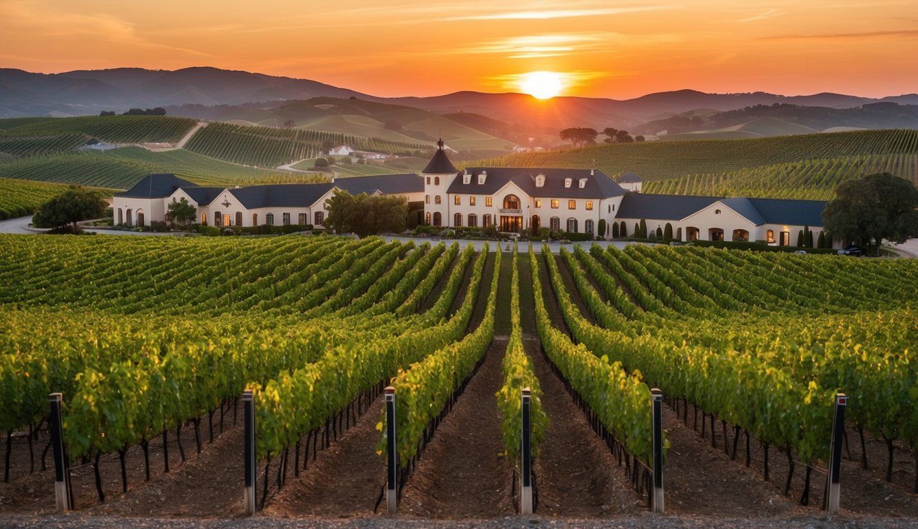 Vineyards sprawl across rolling hills, each winery boasting unique architecture and lush grapevines. The sun sets behind the picturesque landscape, casting a warm glow on the rows of grapevines