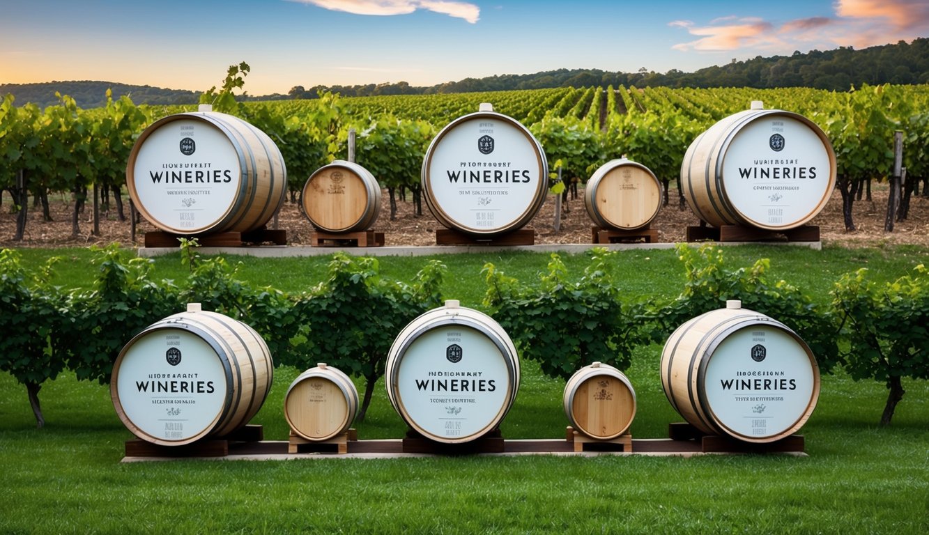 A group of independent wineries showcasing unique winemaking techniques, with barrels and vines set against a scenic backdrop