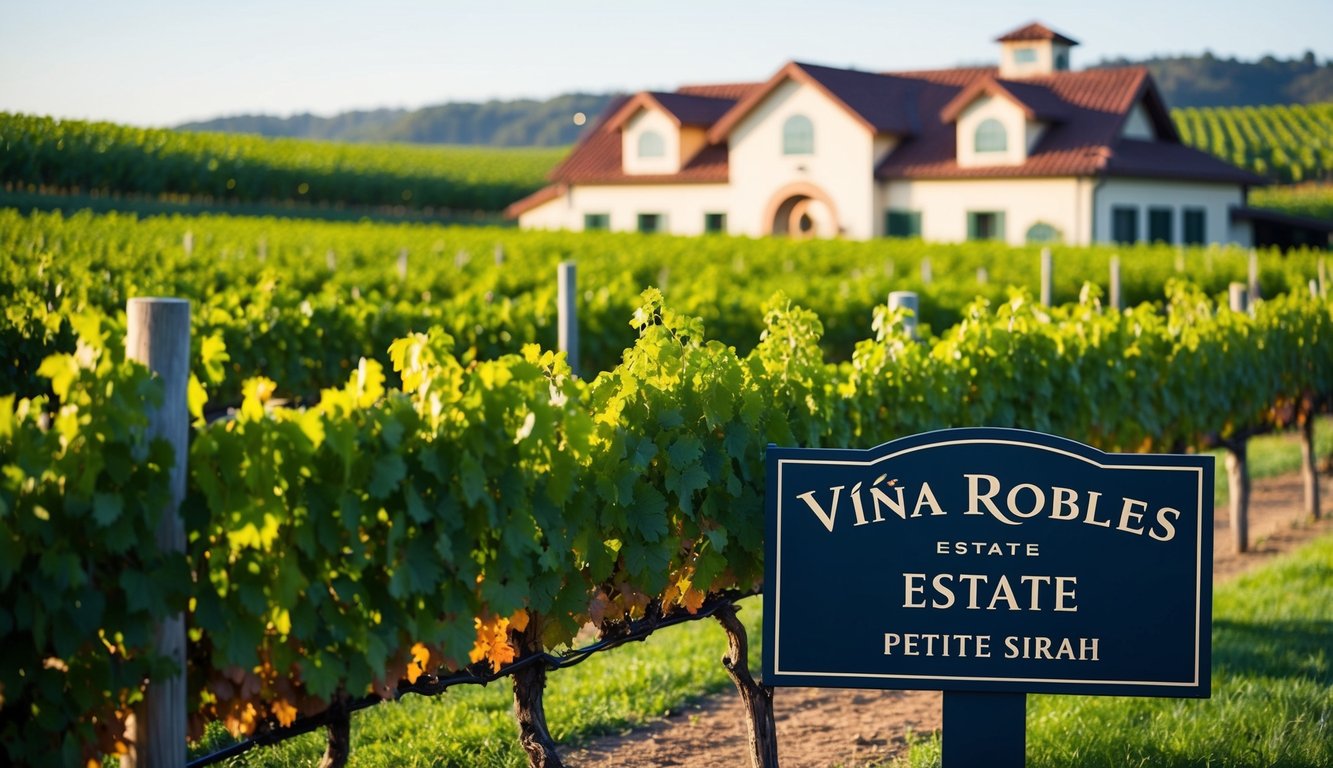 A picturesque vineyard with rows of lush grapevines, a charming winery building, and a sign proudly displaying "Viña Robles Estate Petite Sirah."