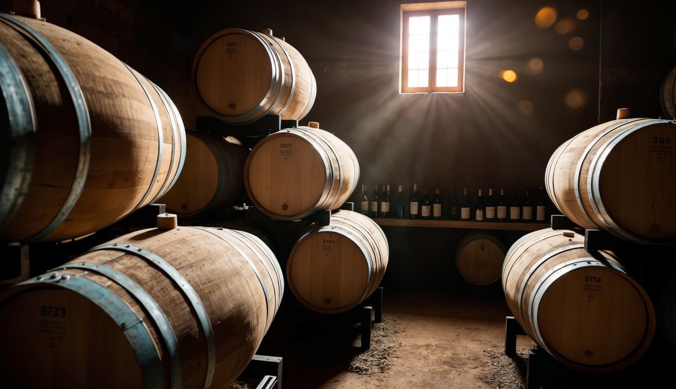 Barrels stacked in dim cellar, aging wine. Sunlight filters through small windows, casting warm glow on dusty bottles