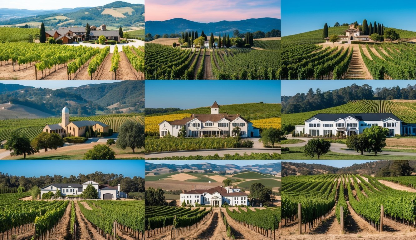 A picturesque vineyard landscape with eight distinct wineries nestled among rolling hills, each showcasing their unique grape varietals and winemaking techniques