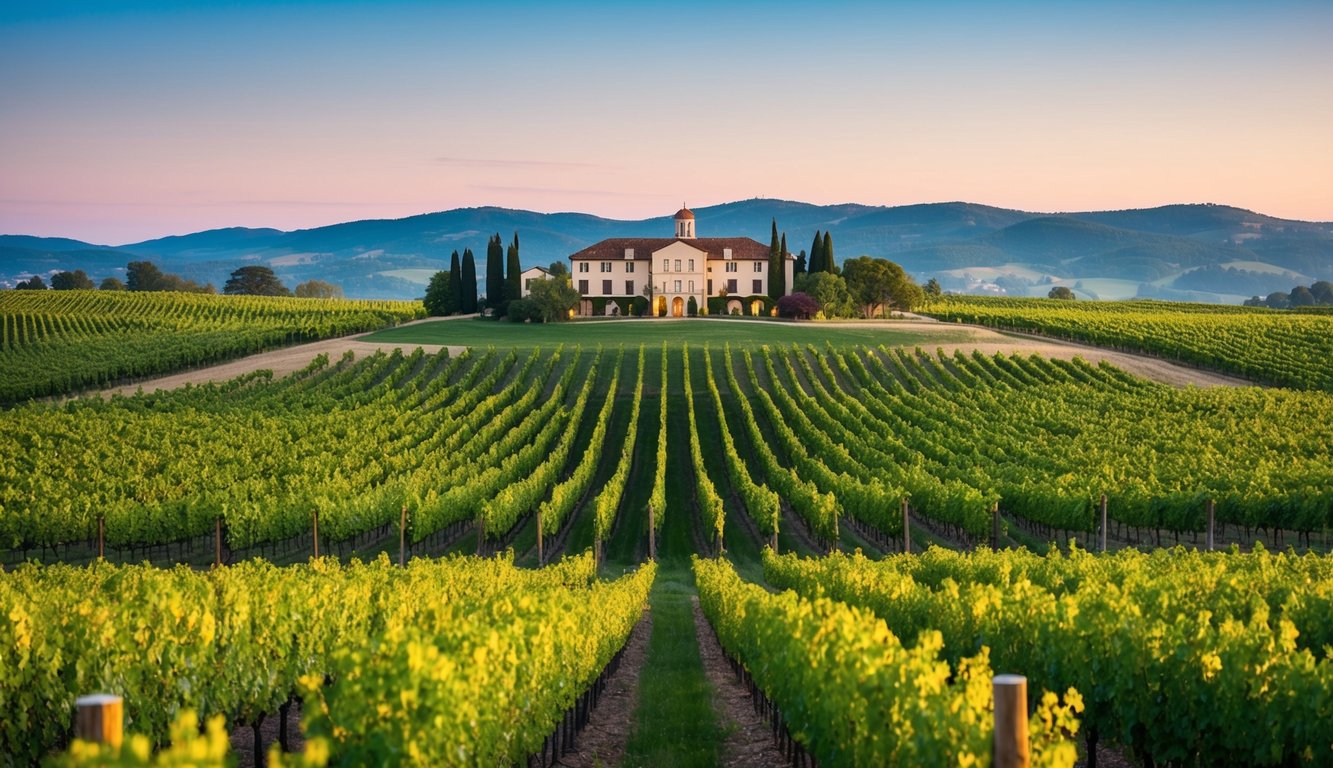 A picturesque vineyard with rolling hills, lush green vines, and a grand winery building nestled in the distance