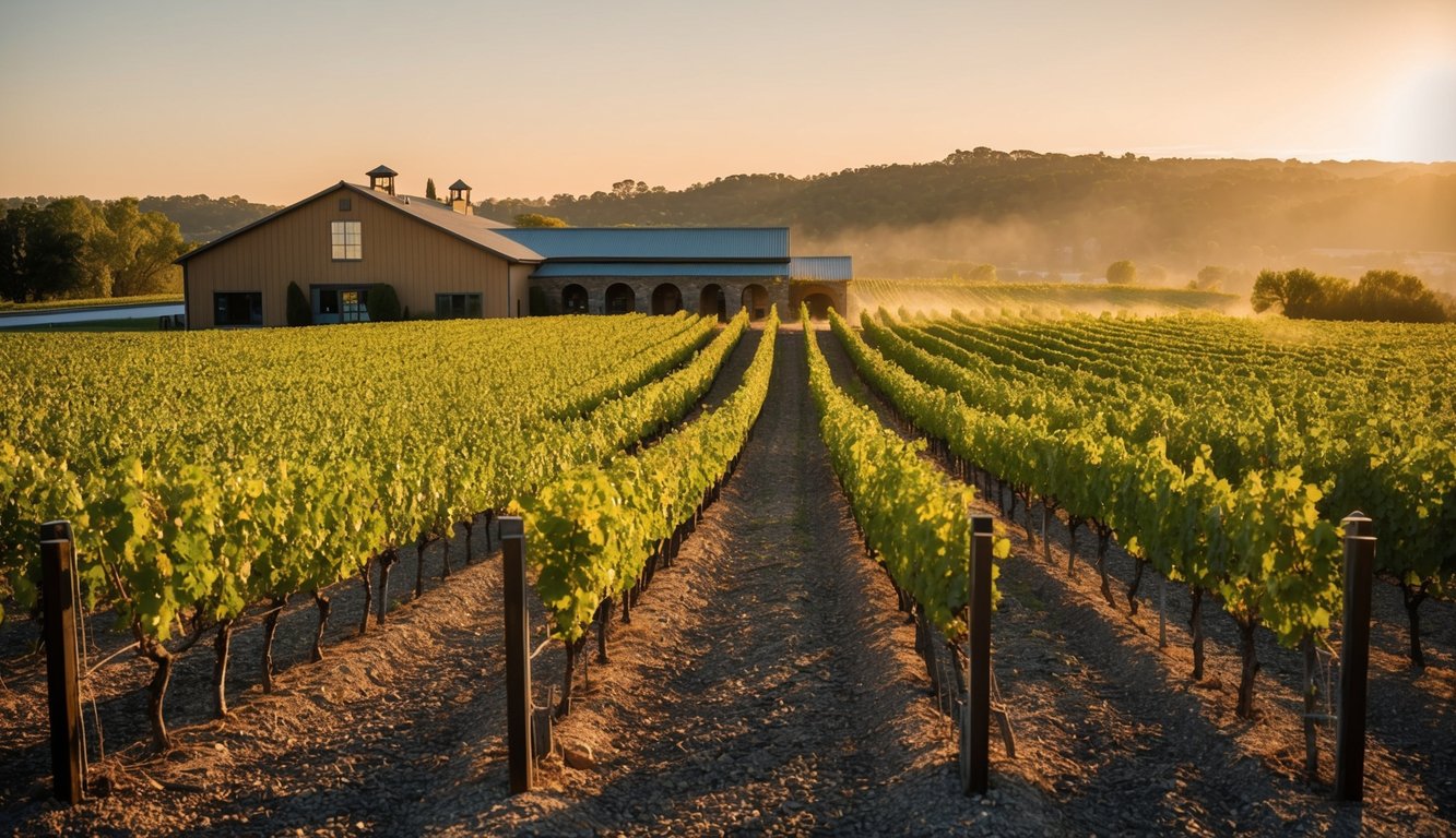 A vineyard with rows of grapevines stretching into the distance, a rustic winery building in the background, and a warm, golden sunlight casting long shadows on the ground