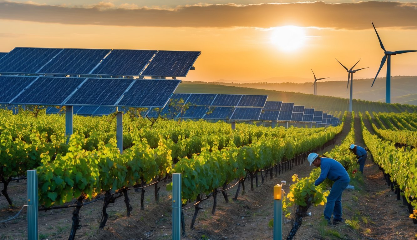 Vineyards nestled in rolling hills, solar panels glistening in the sun, wind turbines spinning in the background, and workers tending to organic grapevines