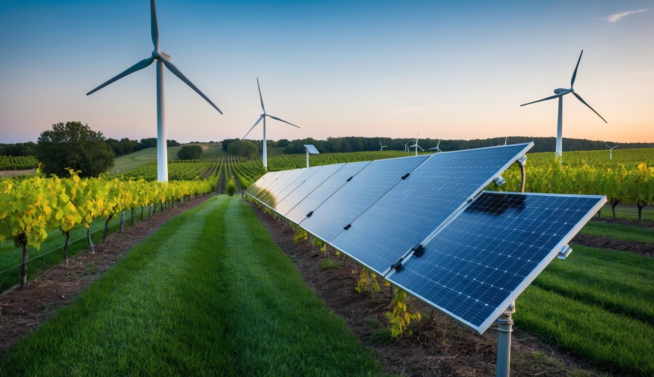 Vineyard with solar panels, wind turbines, and natural landscaping. Wildlife habitat and sustainable farming practices evident