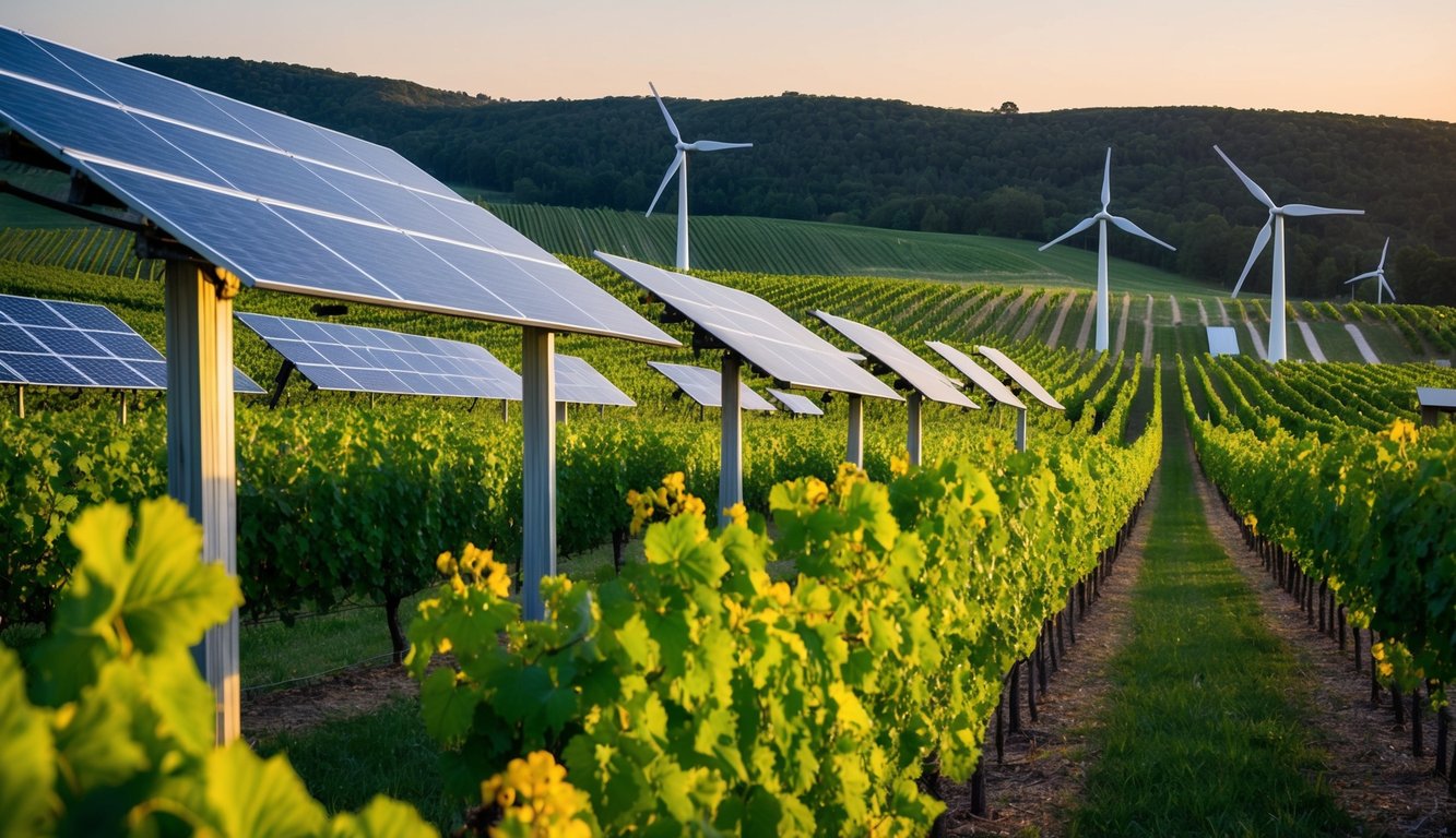 Lush vineyard with solar panels, wind turbines, and organic grape vines stretching across the rolling hills of Stoller Family Estate