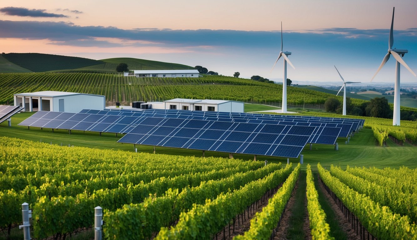 A lush vineyard with rolling hills, solar panels, and wind turbines. A modern winery with sustainable practices and eco-friendly facilities