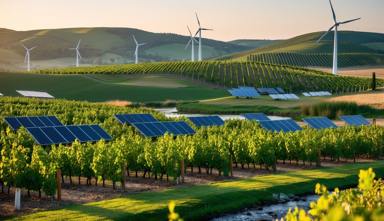 Lush vineyards surrounded by rolling hills, with solar panels and wind turbines dotting the landscape. A clear stream runs through the property, and a variety of wildlife can be seen among the grapevines