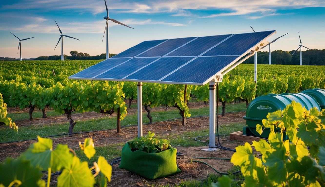 Vineyard with solar panels, wind turbines, and composting area. Organic grapevines and wildlife habitat. Biodynamic farming methods. Green building design. Water conservation systems