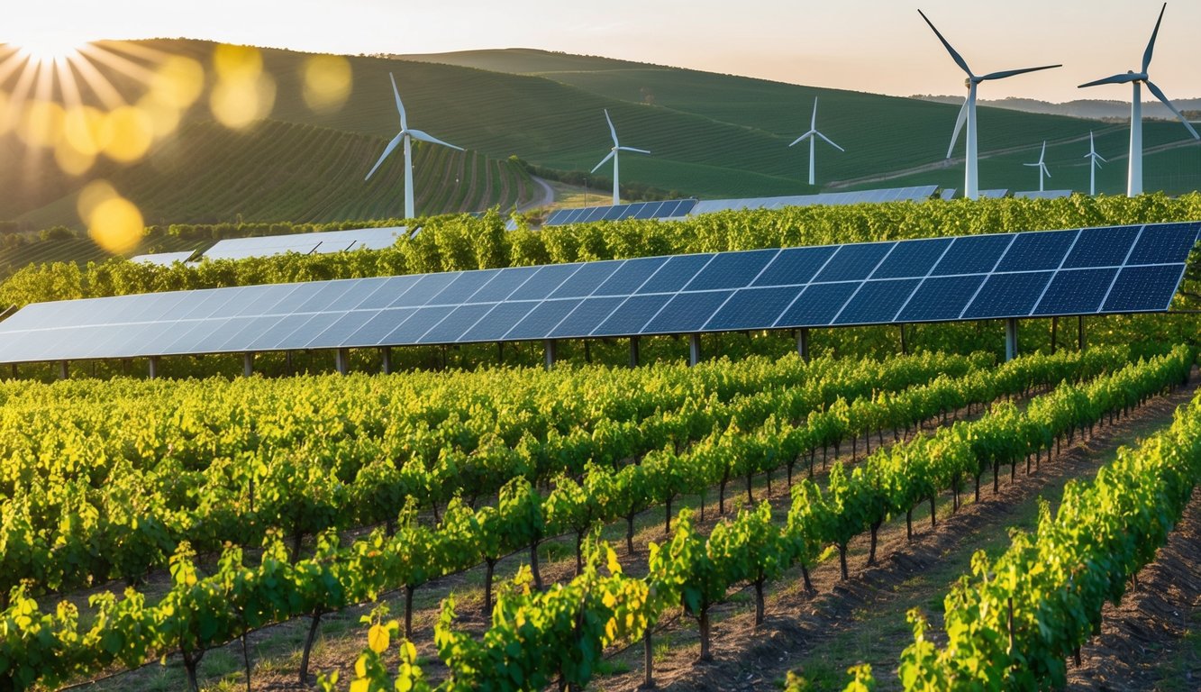 Vineyards nestled among rolling hills, solar panels glistening in the sun, wind turbines spinning in the distance, and lush green cover crops between rows of grapevines