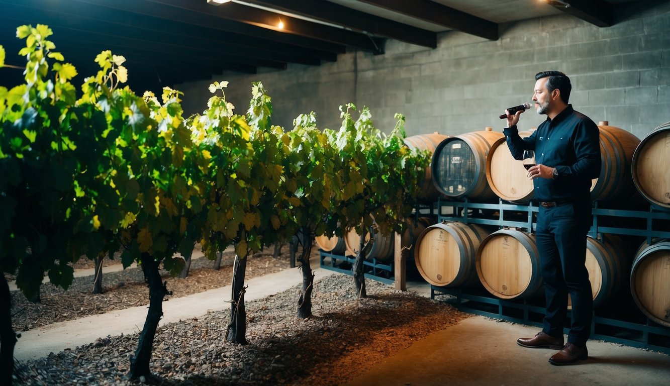 Vineyard with rows of grapevines, aging barrels in a cool, dimly lit cellar, and a winemaker tasting wine in a rustic tasting room