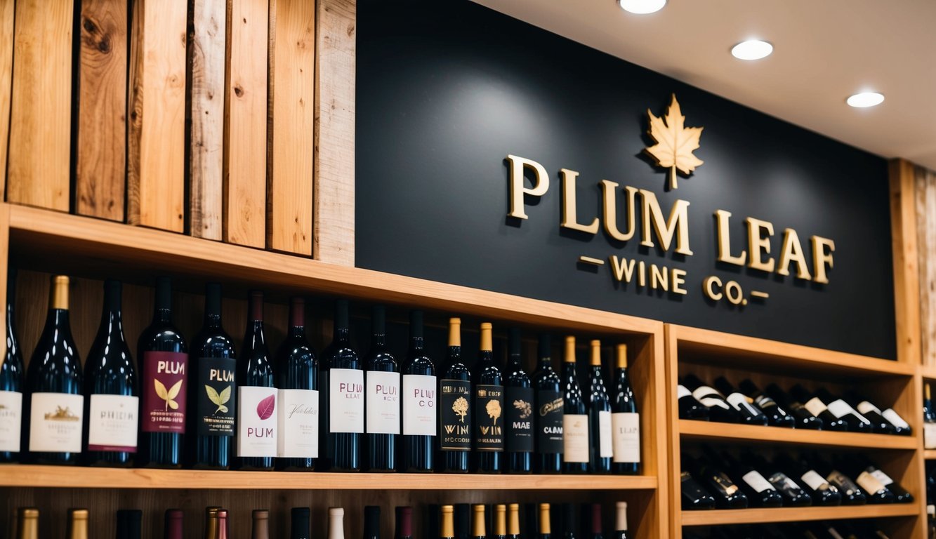 A cozy wine shop with shelves of unique wine brands and a prominent sign for Plum Leaf Wine Co