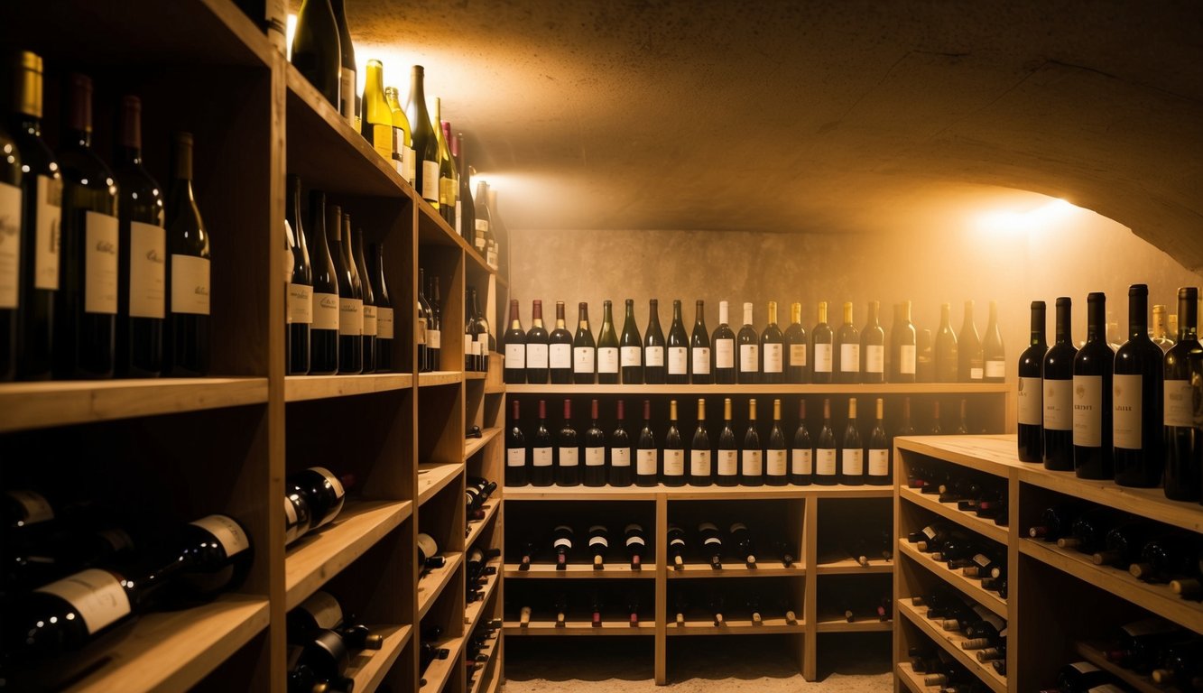 A dimly lit underground wine cellar with rows of unique wine bottles on wooden shelves, illuminated by soft golden light filtering through the dusty air