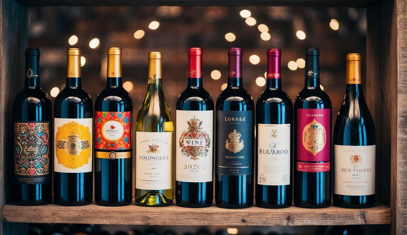 A collection of colorful and ornate wine bottles displayed on a rustic wooden shelf with unique and eye-catching labels