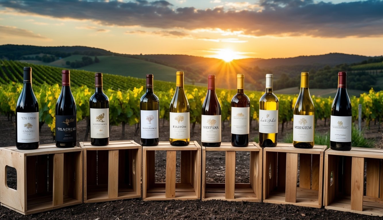 A vineyard with ten distinct wine labels displayed on wooden crates, surrounded by rolling hills and a picturesque sunset