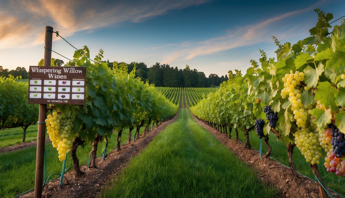 A serene vineyard with rows of lush grapevines, each bearing a different variety of grapes. A rustic sign reads "Whispering Willow Wines" with 10 distinct wine labels displayed