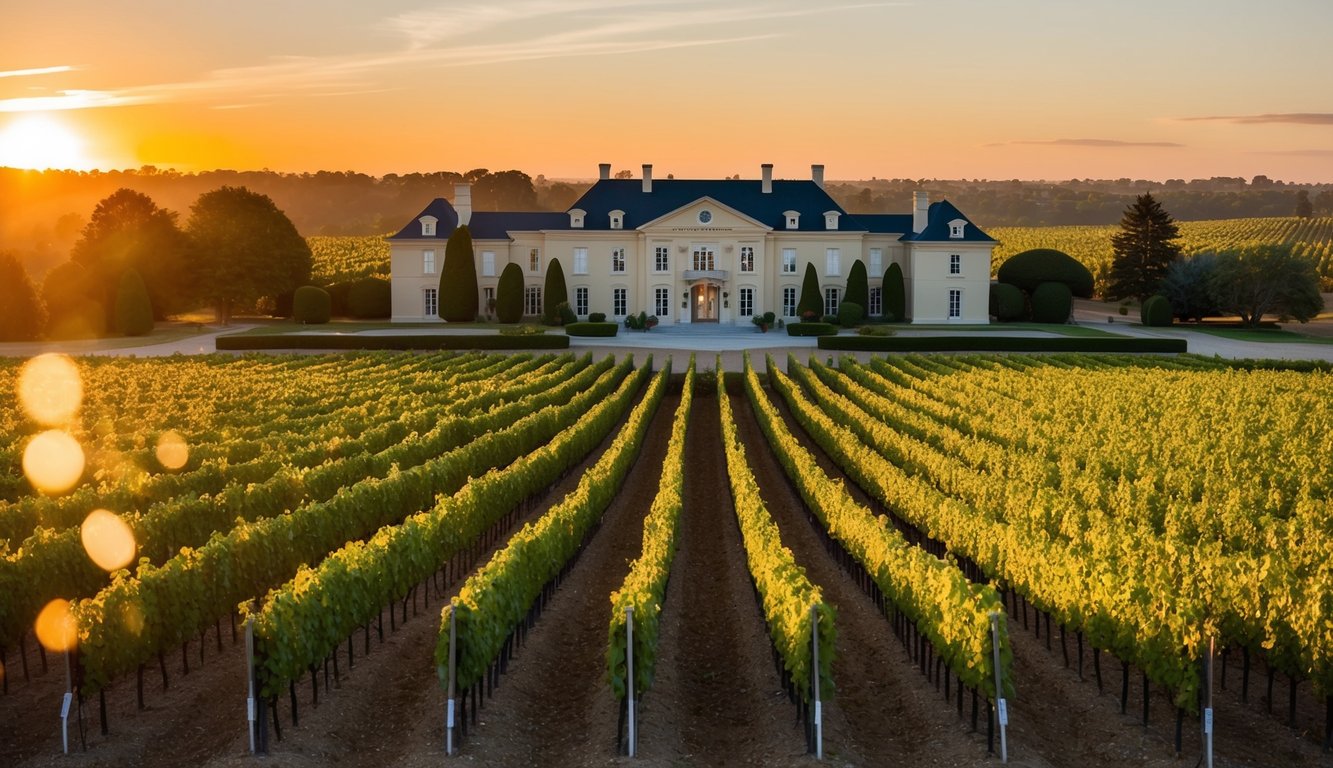 A grand estate with rows of vineyards, each labeled with a distinct wine brand. The sun sets behind the sprawling mansion, casting a warm glow over the golden landscape