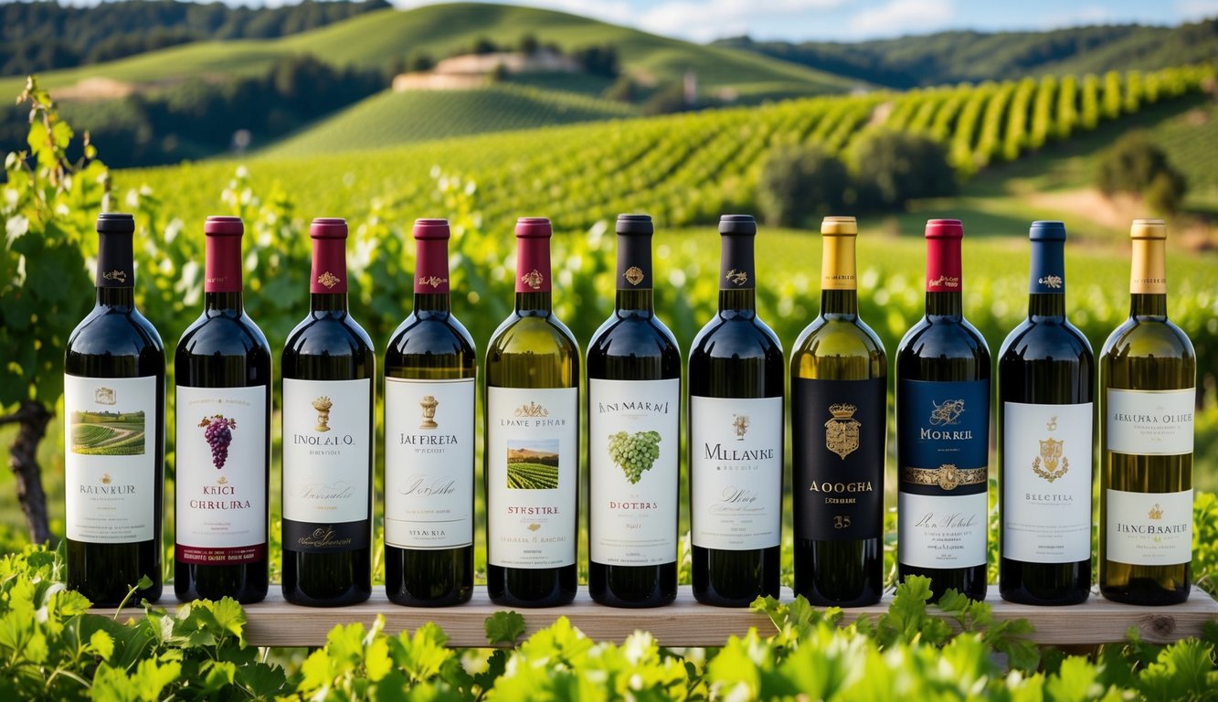 Vineyard with 10 distinct wine labels on display, surrounded by lush greenery and rolling hills