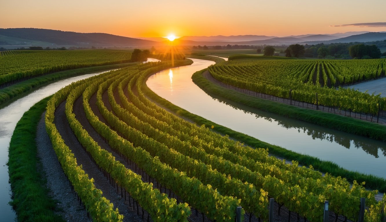 A tranquil river winds through lush vineyards at twilight, with rows of grapevines stretching into the distance. The setting sun casts a warm glow over the landscape, creating a serene and picturesque scene