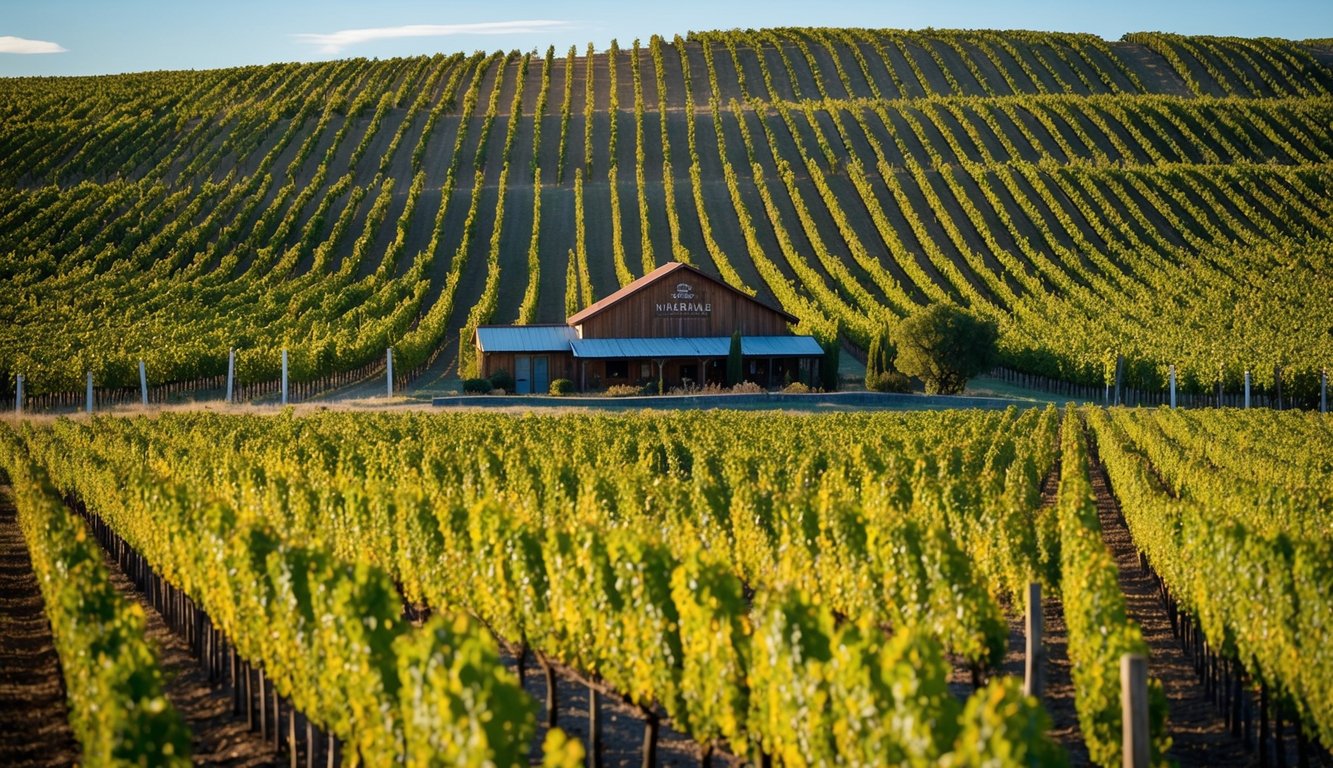 A sprawling vineyard with rows of grapevines stretching into the distance, each labeled with a unique wine brand. A rustic winery sits nestled among the vines