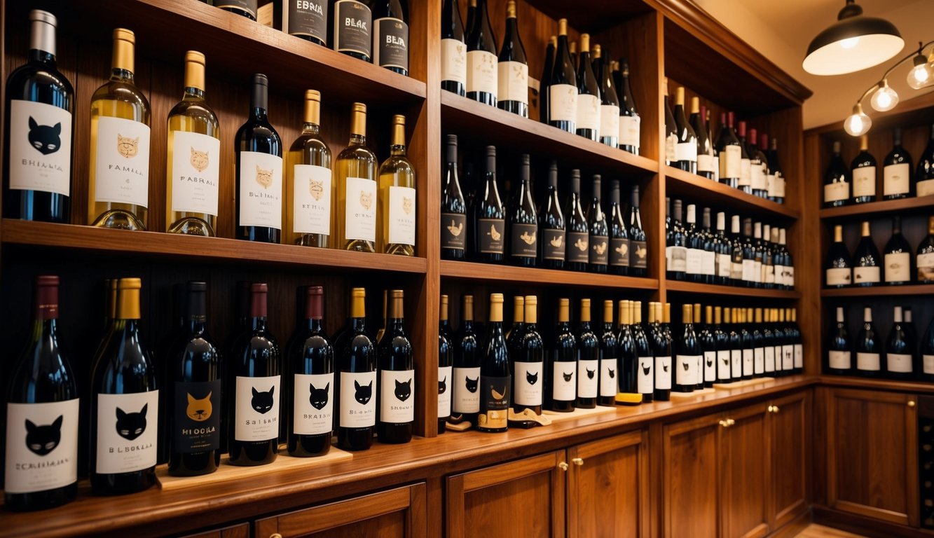 A cozy wine shop with shelves lined with 10 distinct wine brands, each labeled with a sleek black cat logo. A warm, inviting atmosphere with soft lighting and rustic decor