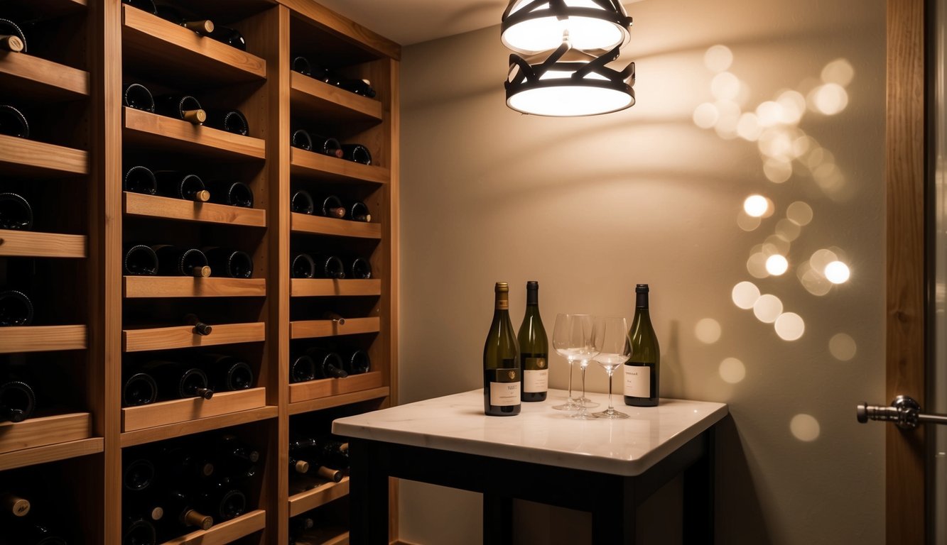 A cozy basement corner with wooden wine racks, dim lighting, and a small tasting table with a few bottles and glasses